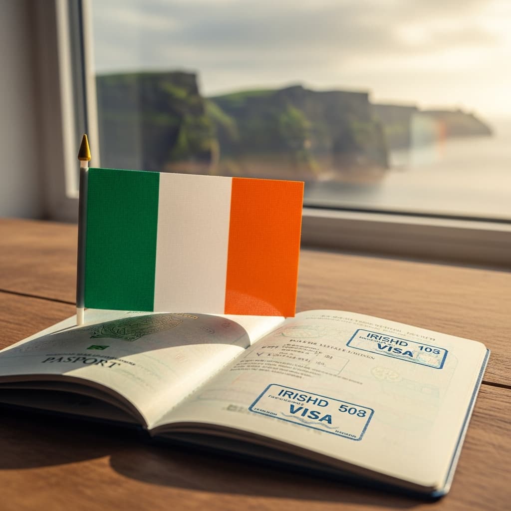 Irish Visa - Passport with Irish flag and Cliffs of Moher